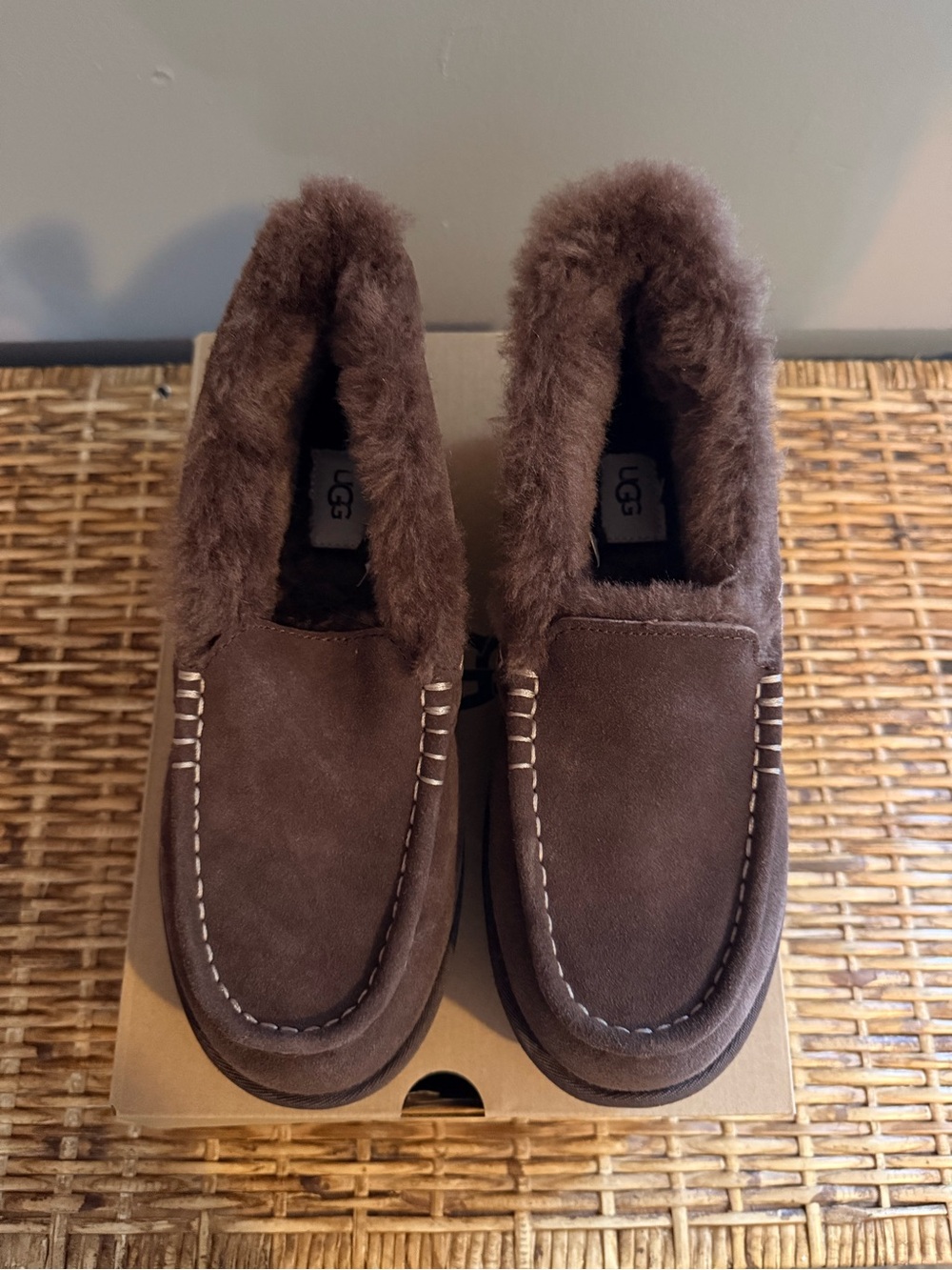 UGG Women's Brown Suede Shearling Moccasin Slippers